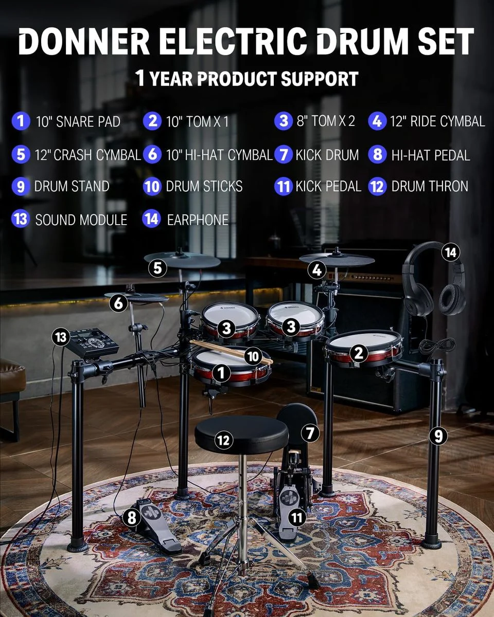 חבילת מערכת תופים אלקטרונית DED-200 MAX + כסא ואוזניות מבית DONNER - תמונה 6
