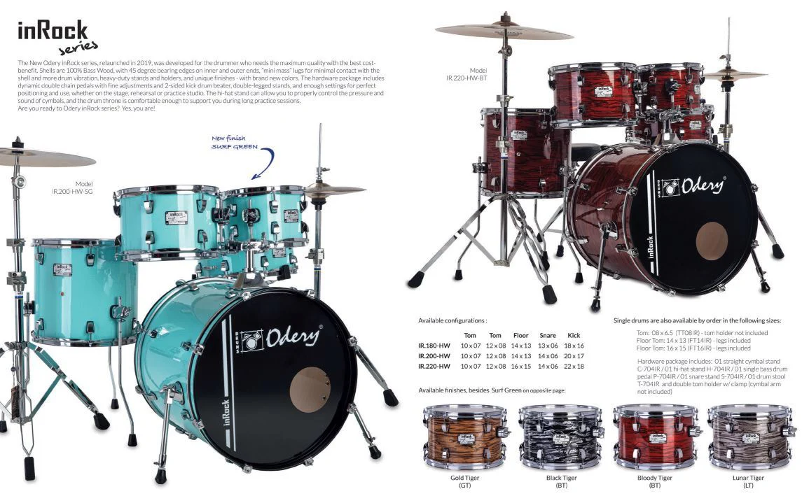 מערכת תופים 5 חלקים + איבזור וכסא 20" סדרת inRock בצבע BLOODY TIGER מבית Odery-(Brazil) - תמונה 3