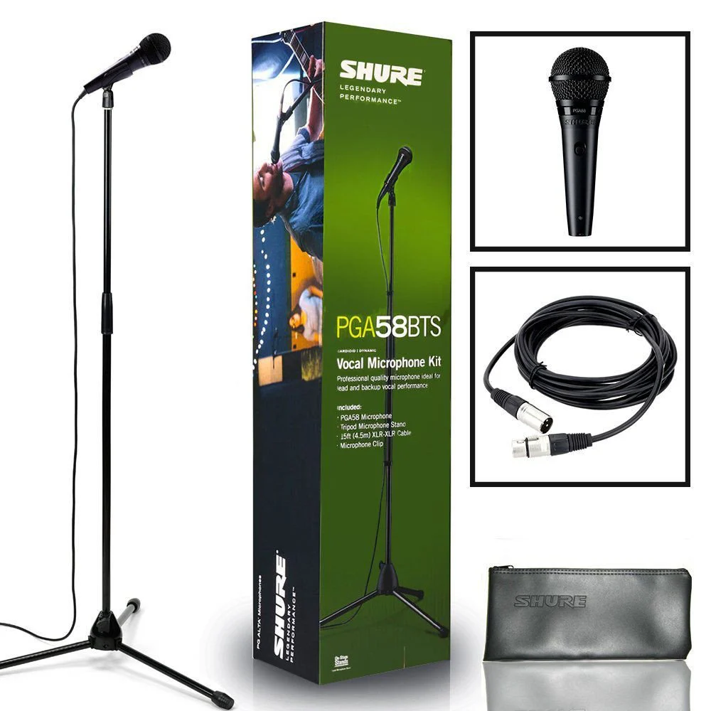 סט מיקרופון PGA58 SHURE עם סטנד, כבל, מחזיק מיקרופון ומתאם למיקרופון