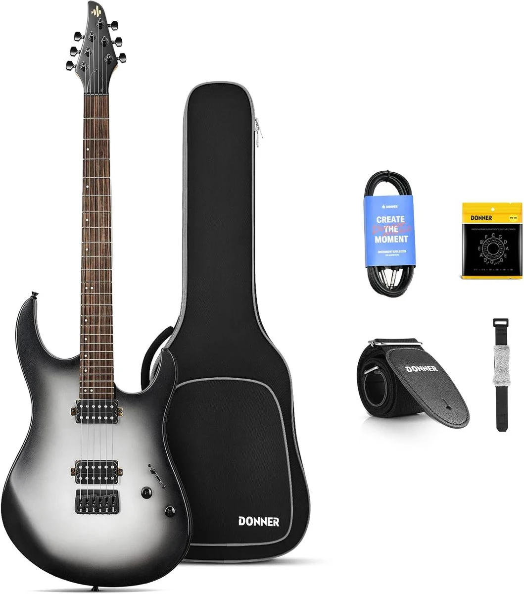 גיטרה חשמלית DMT-100 עם מוצרים נלווים Donner Solid Body Electric Guitar בצבע שחור לבן מבית DONNER