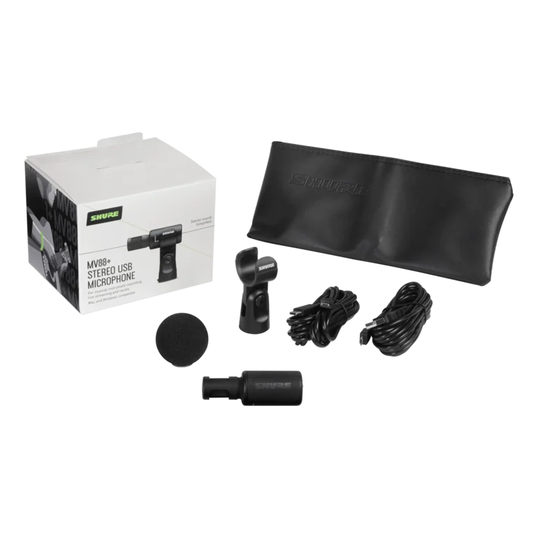 A SHURE MV88+STEREO-USB מיקרופון סטריאו קל ונייד להשמה על עמוד שולחני או על כל מתקן עם הברגה תואמת.