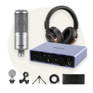 חבילת מבצע: כרטיס קול Donner Livejack Lite, מיקרופון קונדנסר Donner DC-20 עם כבל XLR, מעמד שולחני, שוק מאונט עם פופ פילטר, תפסן ונרתיק, ואוזניות מוניטור Donner M100