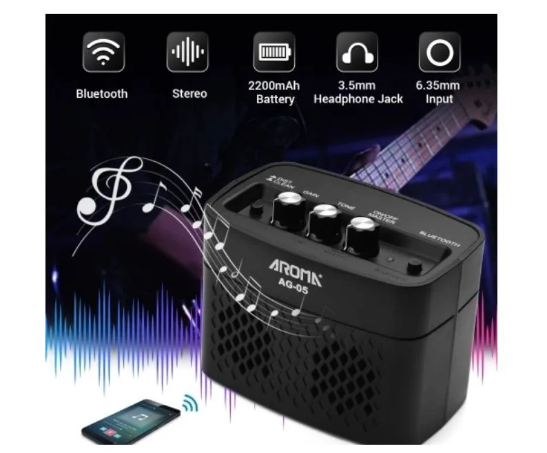 מגבר נייד עם BLUETOOTH לגיטרה חשמלית AG-05 בצבע שחור מבית Aroma