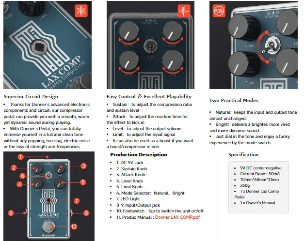 פדל קומפרסור אנלוגי EC1332 LAX COMP Guitar Pedal מבית DONNER