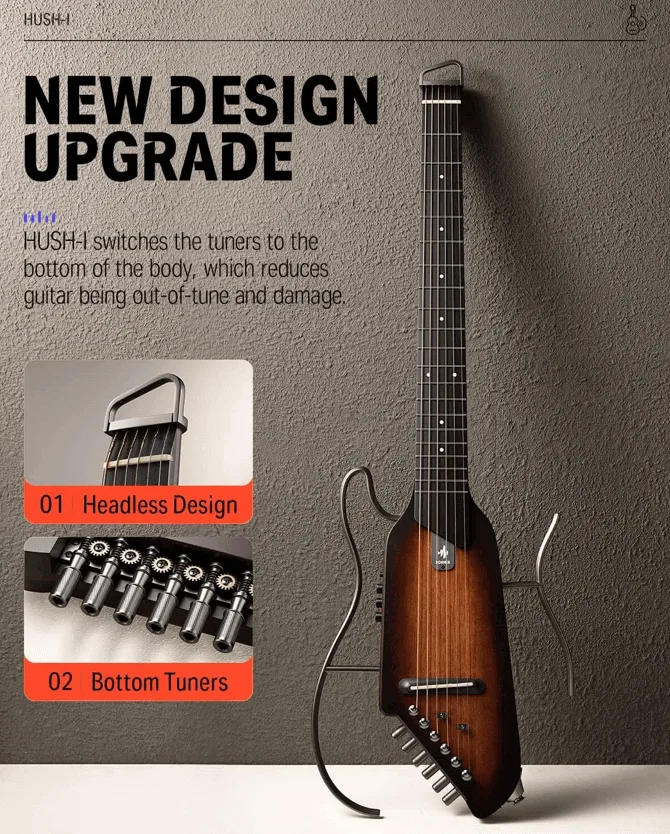 גיטרה שקטה אקוסטית מוגברת EC1783 בעיצוב חדשני HUSH I בצבע סאנברסט | גיטרה לטיולים מבית DONNER