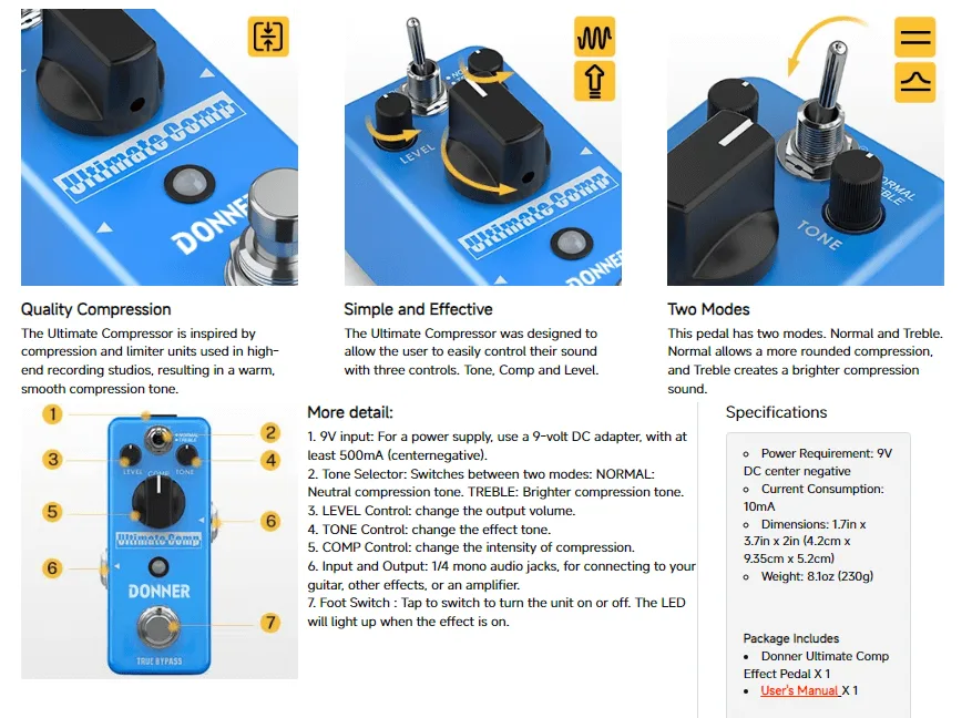 פדל קומפרסור לגיטרה Ultimate Compressor Pedal EC888 מבית DONNER