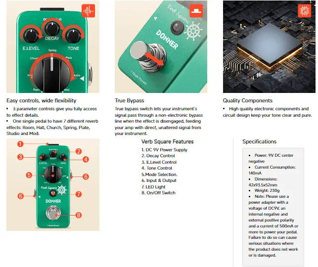 פדל ריברב לגיטרה 7 מצבים EC-965 Verb Square Reverb Guitar Pedal מבית DONNER