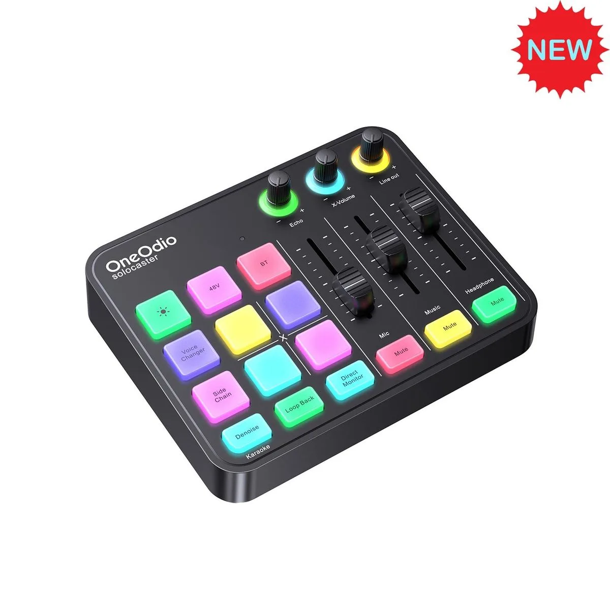 מיקסר אודיו נטען עם אפקטי קול ותאורת RGB (כרטיס קול מקצועי לסטרימינג) - OneOdio Solocaster