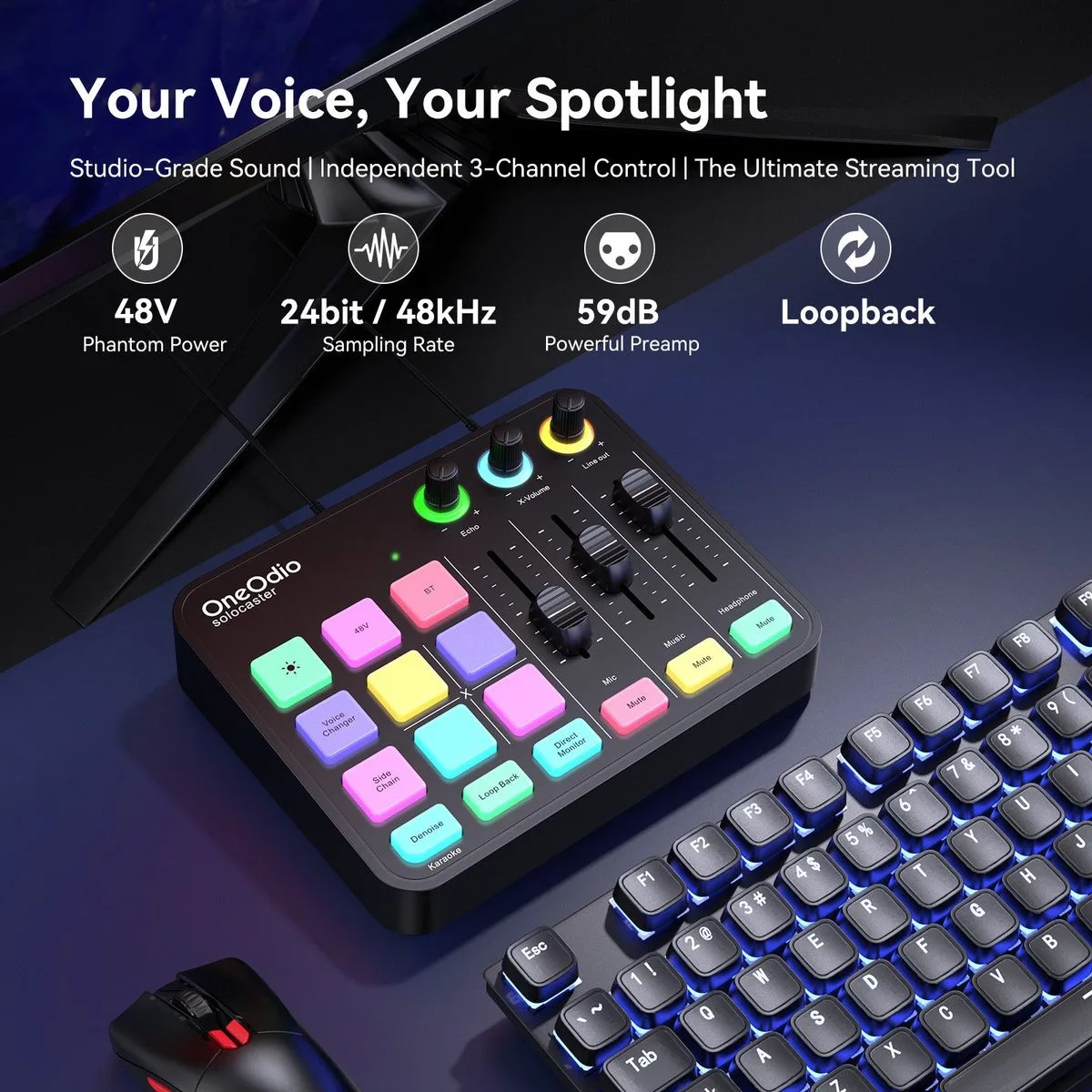 מיקסר אודיו נטען עם אפקטי קול ותאורת RGB (כרטיס קול מקצועי לסטרימינג) - OneOdio Solocaster