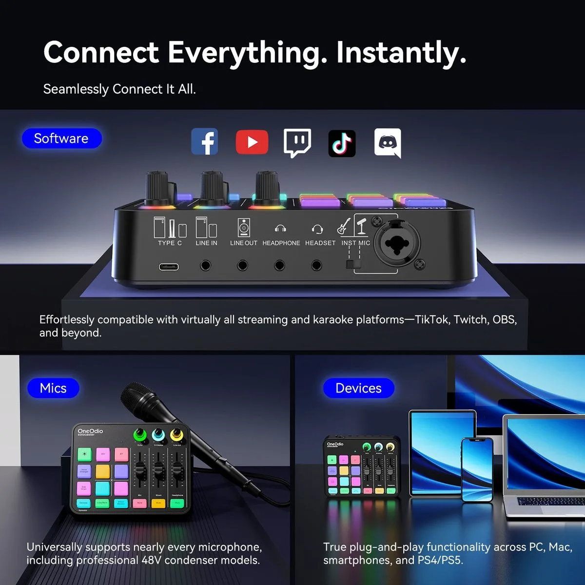 מיקסר אודיו נטען עם אפקטי קול ותאורת RGB (כרטיס קול מקצועי לסטרימינג) - OneOdio Solocaster